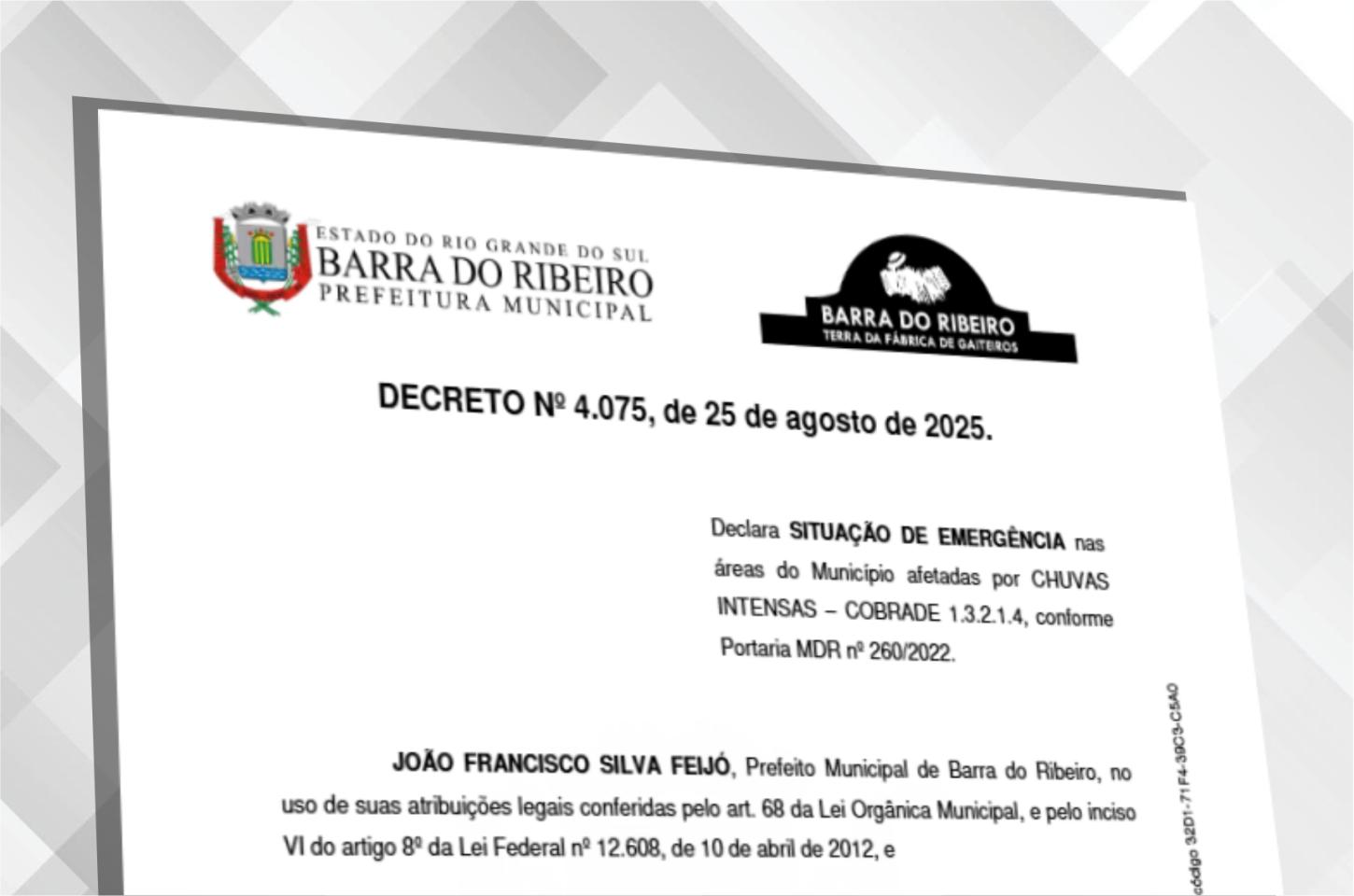 Barra do Ribeiro decreta Situação de Emergência em razão do excesso de chuva