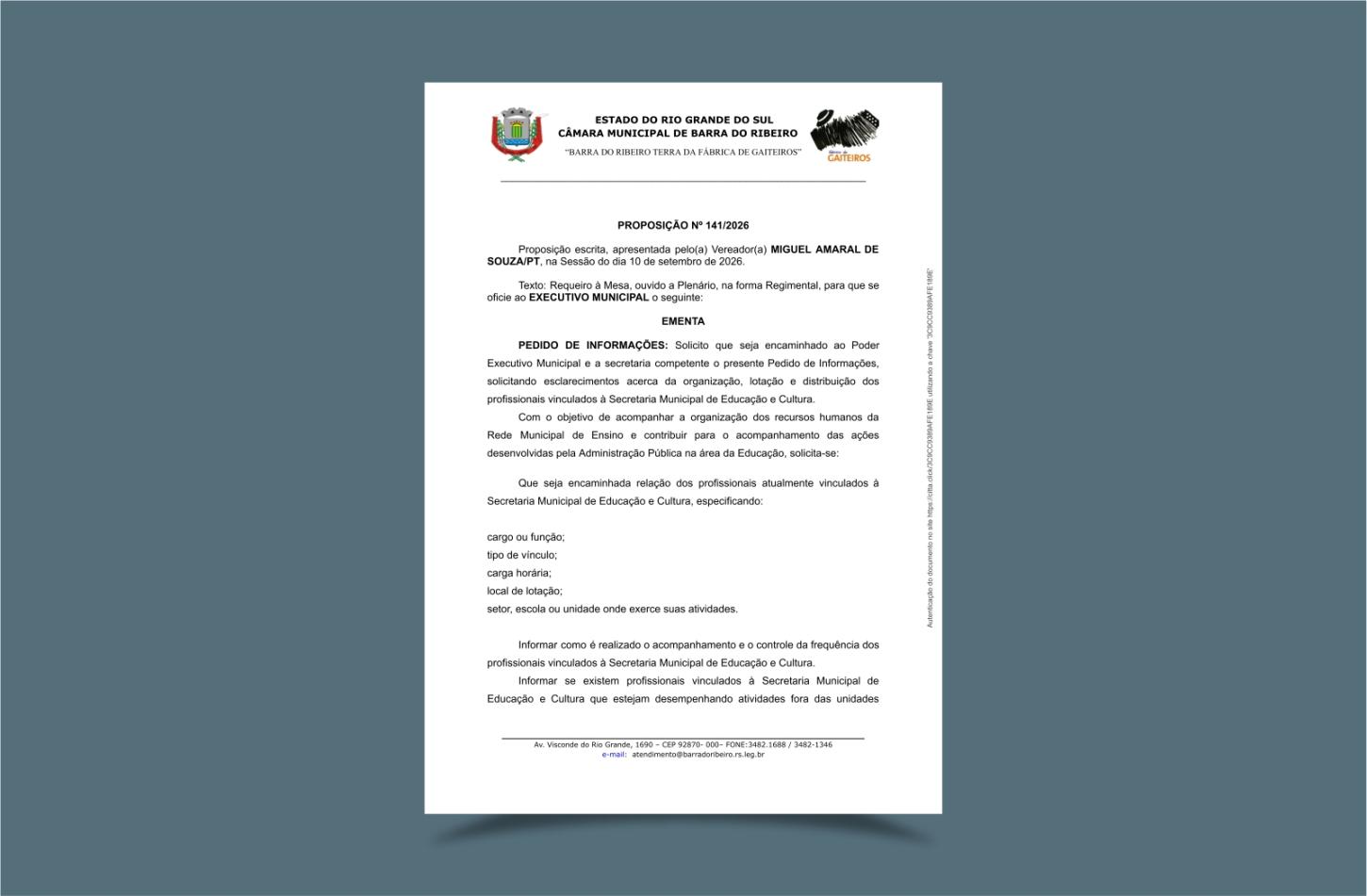 Vereador Miguel solicita informações sobre profissionais da Educação